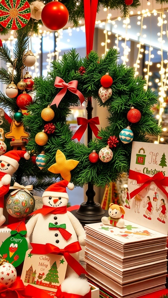 A collection of joyful Christmas crafts including ornaments, a wreath, and holiday cards.